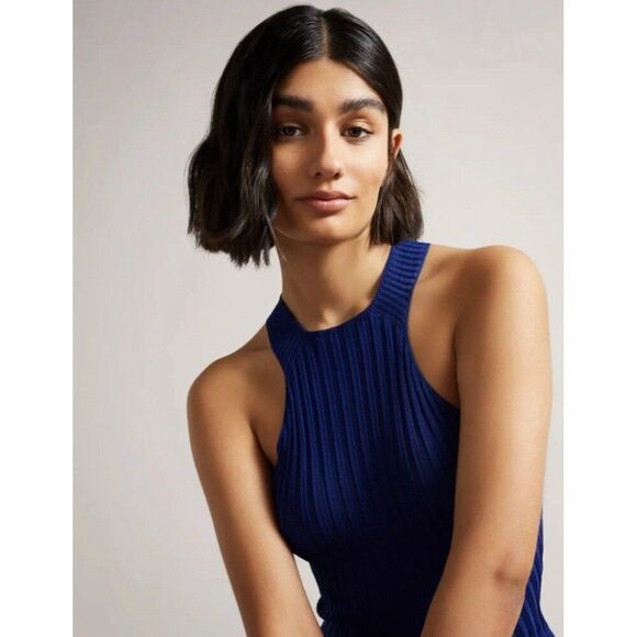 ted baker ribbed feoniix knit tank top solid Dark Blue Halter Small - Picture 2 of 8